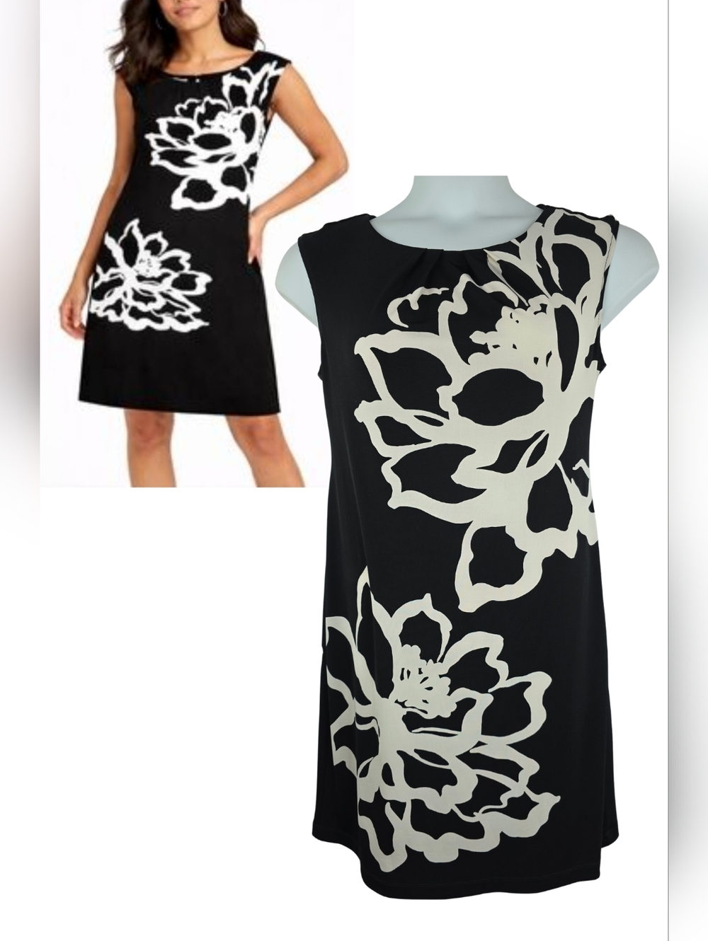 London Times Size 8 Black Dress White Floral Print 3496-AG
